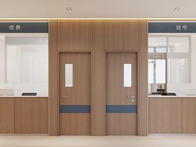 Elevator Hallway With Wooden Walls Double Elevator Doors And Payment Registration Counters 3d model