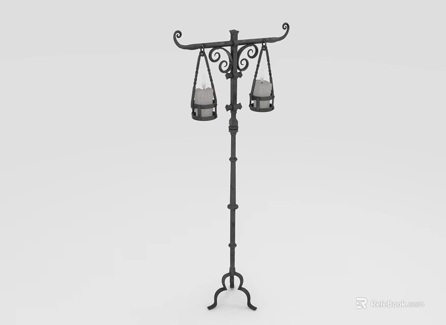 Black Metal Decorative Furniture Stand With Hanging Lanterns And Ornate Design 3d model 
