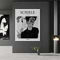 Modern Interior With SCHIELE Art Prints Black White Paintings And Fireplace 3d model