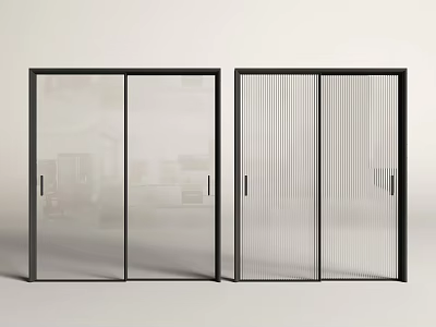 Modern Sliding Doors With Black Frames Clear And Vertical Striped Glass Panels 3d model