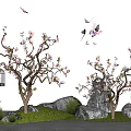 Garden Ornament Scene With Pink Flowering Trees Hanging Birdcages And Flying Butterflies