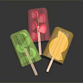 Colorful Fruit Flavored Popsicles With Fresh Fruit Pieces On Sticks 3d model