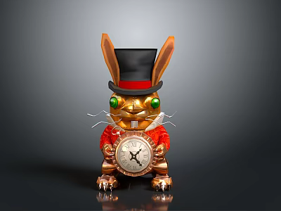 Mechanical Rabbit Figure With Black Top Hat Green Eyes Red Outfit Holding Clock 3d model