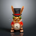 Mechanical Rabbit Figure With Black Top Hat Green Eyes Red Outfit Holding Clock