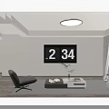 Modern Minimalist Living And Dining Room With Unique Flip Wall Clock And Marble Coffee Table