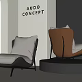 Modern Light Gray And Brown Leisure Chairs With Black Metal Legs And White Curtains Design