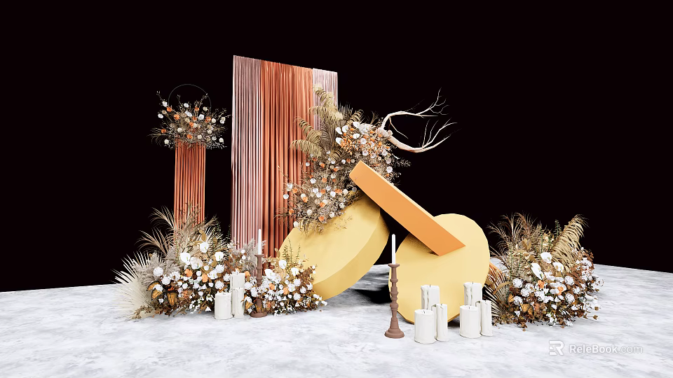 Elegant Wedding Decor Setup With Gold Round Props And Floral Arrangements 3d model 