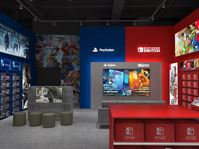 PlayStation Nintendo Switch Game Store With Game Display Screens Posters Shelves And Seating 3d model