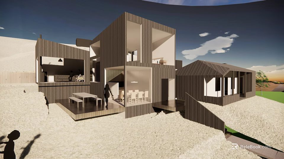 Modern Detached Villa Featuring Wooden Exterior Glass Facade And Outdoor Terrace 3d model 
