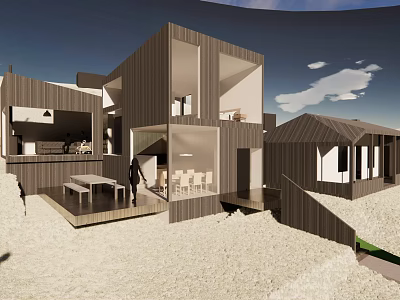 Modern Detached Villa Featuring Wooden Exterior Glass Facade And Outdoor Terrace 3d model