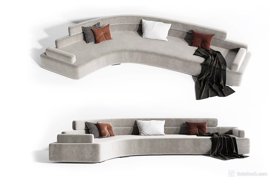 Light Gray Curved Multi Person Sofa With Decorative Pillows And Throw Blanket 3d model