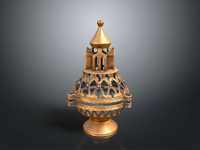 Intricate Golden Decorative Sculpture With Tower Like Latticework Carving Design 3d model