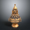 Intricate Golden Decorative Sculpture With Tower Like Latticework Carving Design