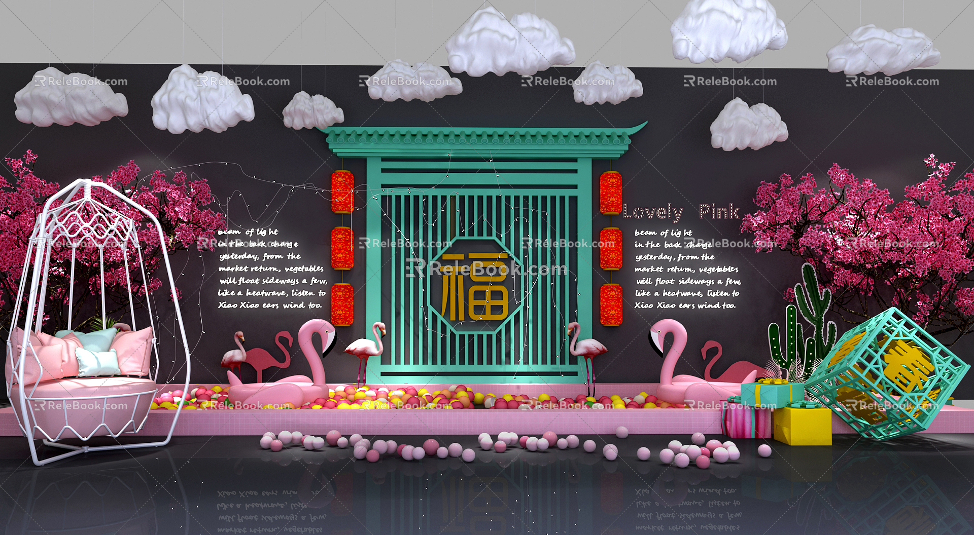 New Chinese-style Meichen Wanghong Store Restaurant Flamingo Balloon Bubble Bar Photo Area Fire Bar Milk Tea Shop Cafe Beauty 3d model