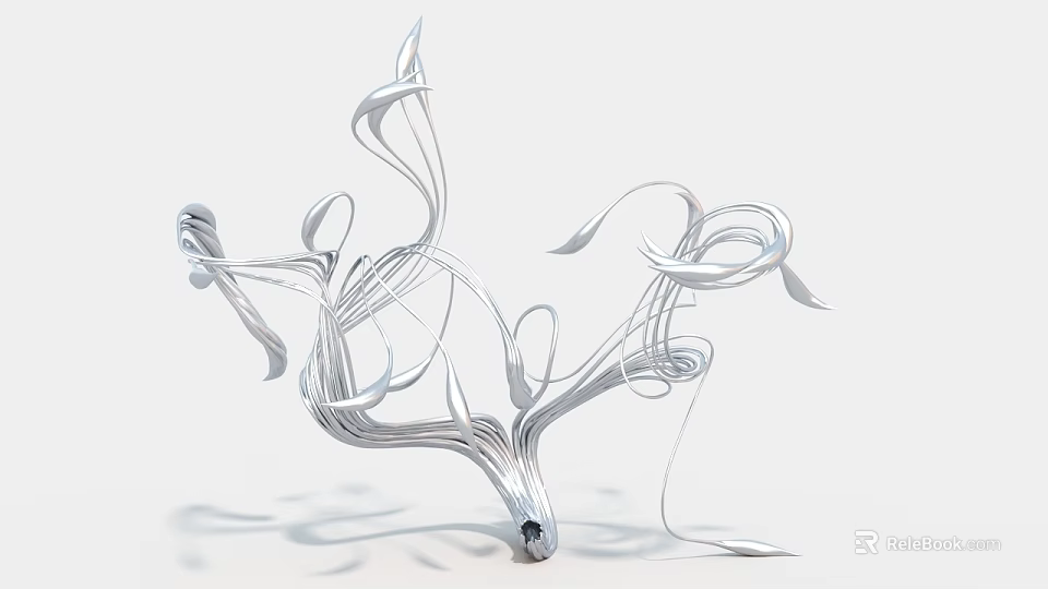 Abstract Silver Art Installation With Flowing Metallic Lines And Modern Design 3d model 