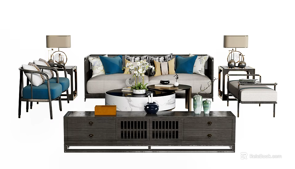 Elegant Modern Sofa and Coffee Table Set With Decorative Pillows Side Tables and Table Lamps 3d model