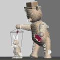 Wooden Bear Doll With Hat Holding Carved Rabbit Puppet And Detailed Craft Design