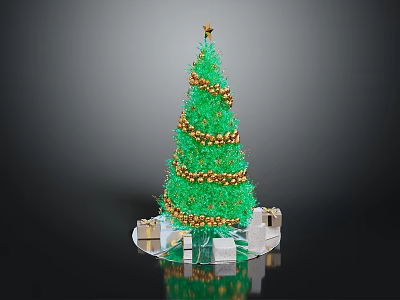Green Christmas Tree With Golden Decorations Star On Top And Gift Boxes 3d model