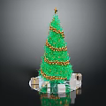 Green Christmas Tree With Golden Decorations Star On Top And Gift Boxes