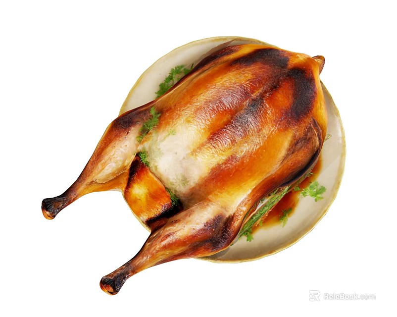 Golden Brown Crispy Roast Duck Served On White Plate With Fresh Herbs 3d model 