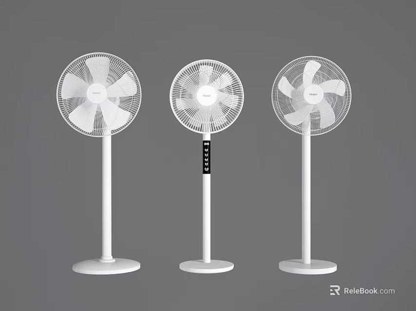 Three Modern White Standing Fans With Different Blade Styles And Stable Base Design 3d model