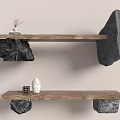 Wooden Stools With Black Stone Supports And Decorative Items On Top