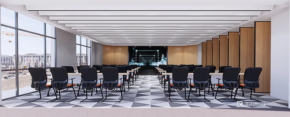 Modern Conference Room Interior With Seating Tables Large Screen Wooden Panels And Geometric Floor 3d model 