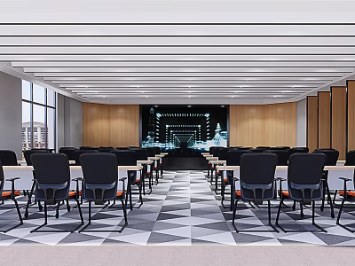 Modern Conference Room Interior With Seating Tables Large Screen Wooden Panels And Geometric Floor 3d model