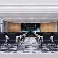 Modern Conference Room Interior With Seating Tables Large Screen Wooden Panels And Geometric Floor