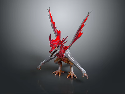 Game And Movie Character Red Winged Silver Dragon With Open Wings And Fierce Stance 3d model