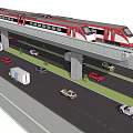 Elevated Red And White Train Moving On Overhead Track With Road Traffic Below 3d model