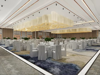 Elegant Banquet Hall Interior With White Tablecloths Chairs Green Plants Stylish Carpet And Chandeliers 3d model