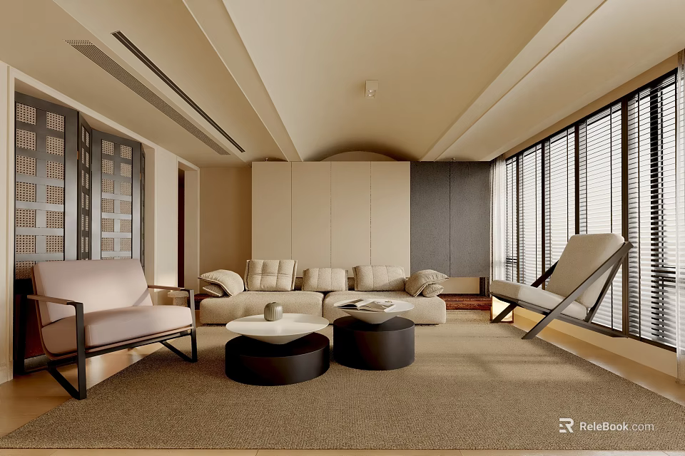Modern Living Room Interior With Beige Sofa Round Coffee Tables Soft Rug And Window Blinds 3d model 
