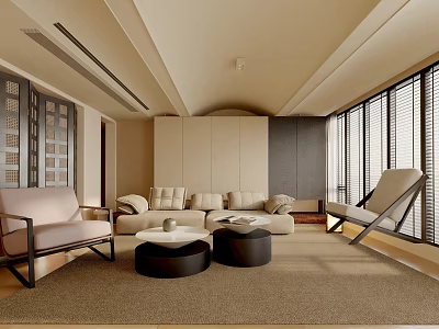 Modern Living Room Interior With Beige Sofa Round Coffee Tables Soft Rug And Window Blinds 3d model