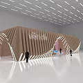 Modern Exhibition Hall Design With Wooden Striped Facade Curved Entrance And Embedded Lighting