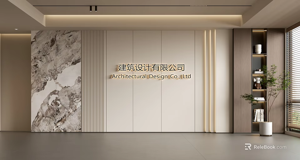 Modern Background Wall with Marble Accent and Wooden Strips in Architectural Design Office 3d model 