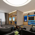 Modern Bank Interior Design With Round Counter Blue Chairs ATMs And Strip Lights