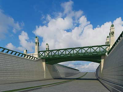 Green Bridge With Decorative Towers Stone Walls And Blue Sky Background 3d model