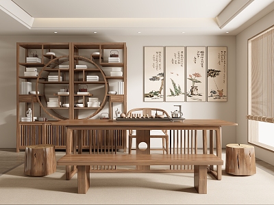 New Chinese Style Tea Room Solid Wood Tea Table and Chair Combination Tea Table Tea Room Tea Tray Tea Set Large Plate Table Antique Rack 3d model