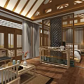 Chinese Style Hotel Guest Room With Wooden Lattice Ceiling Beams And Traditional Decor