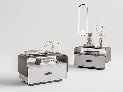 Modern Bedside Tables With Drawers Stacked Books Decorative Lamp Rabbit Figurine and Vase 3d model
