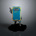 Blue And Yellow Robot With Box Shaped Body Holding Weapon Standing On Black Base
