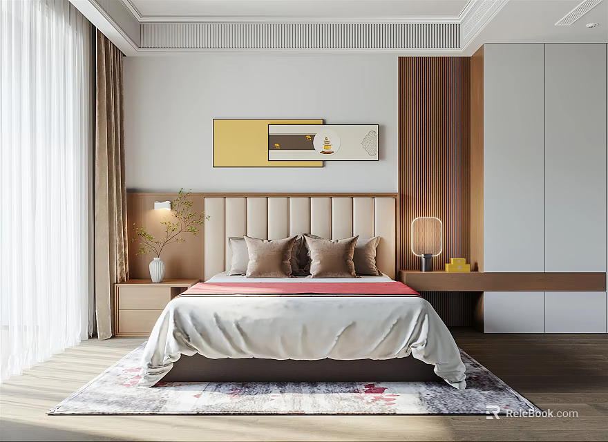 Modern Bedroom Interior With Upholstered Headboard Bedside Lamps Wall Art And Wooden Panel Decor 3d model 