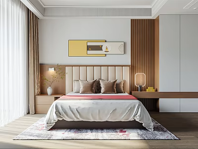 Modern Bedroom Interior With Upholstered Headboard Bedside Lamps Wall Art And Wooden Panel Decor 3d model