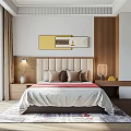Modern Bedroom Interior With Upholstered Headboard Bedside Lamps Wall Art And Wooden Panel Decor