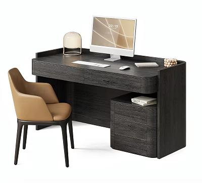 Modern Dark Wood Desk and Brown Chair Set with Computer Monitor Table Lamp and Book 3d model