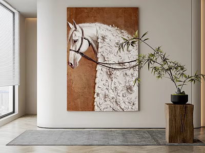 White Horse Themed Abstract Painting On Brown Background For Modern Interior Wall Decor With Plant 3d model
