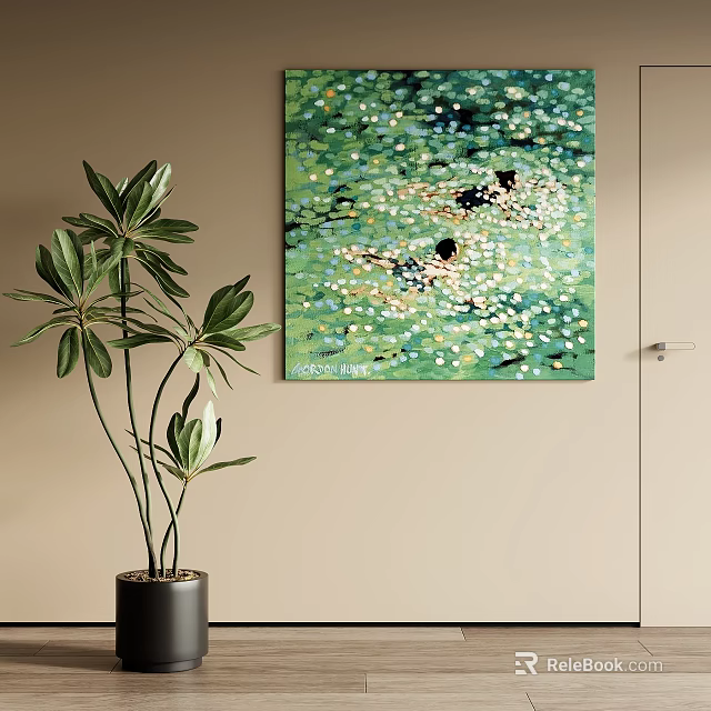 Abstract Painting On Beige Wall With Green Plant 3d model