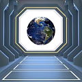 Futuristic Elevator Aisle Interior Featuring Central Earth Globe And Geometric Frame With Blue Lighting 3d model