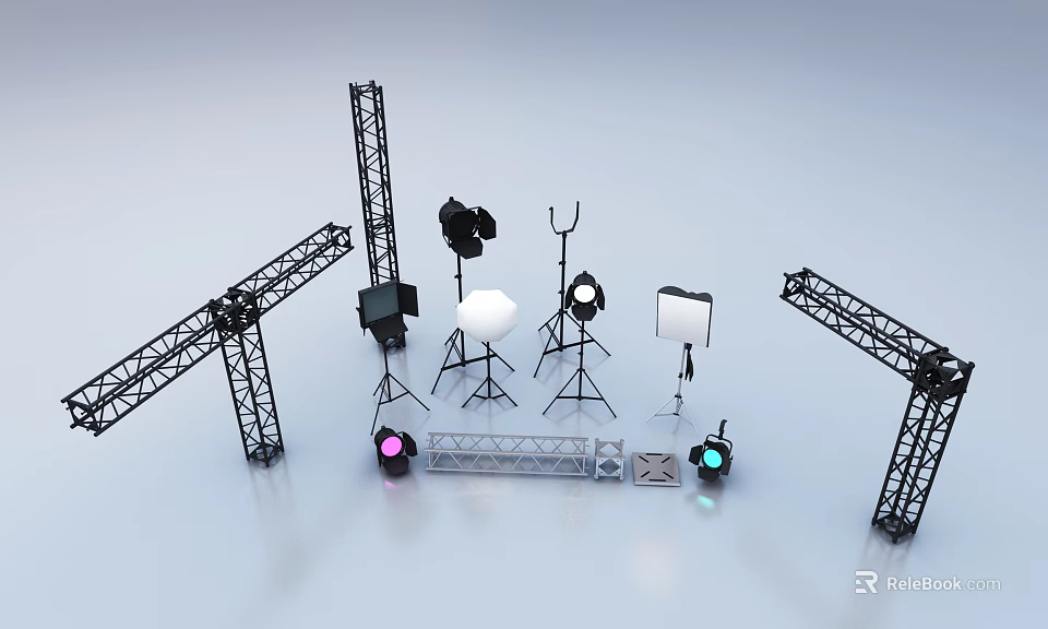 Commercial Stage Equipment With Truss Systems Lighting Fixtures Reflectors And Stands 3d model 